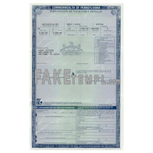 Pennsylvania fake certificate of title of a vehicle car title
